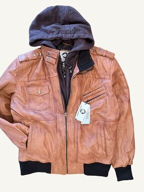 NWT Artistry Leather Lambskin Hooded Bomber Jacket Mens L Brown